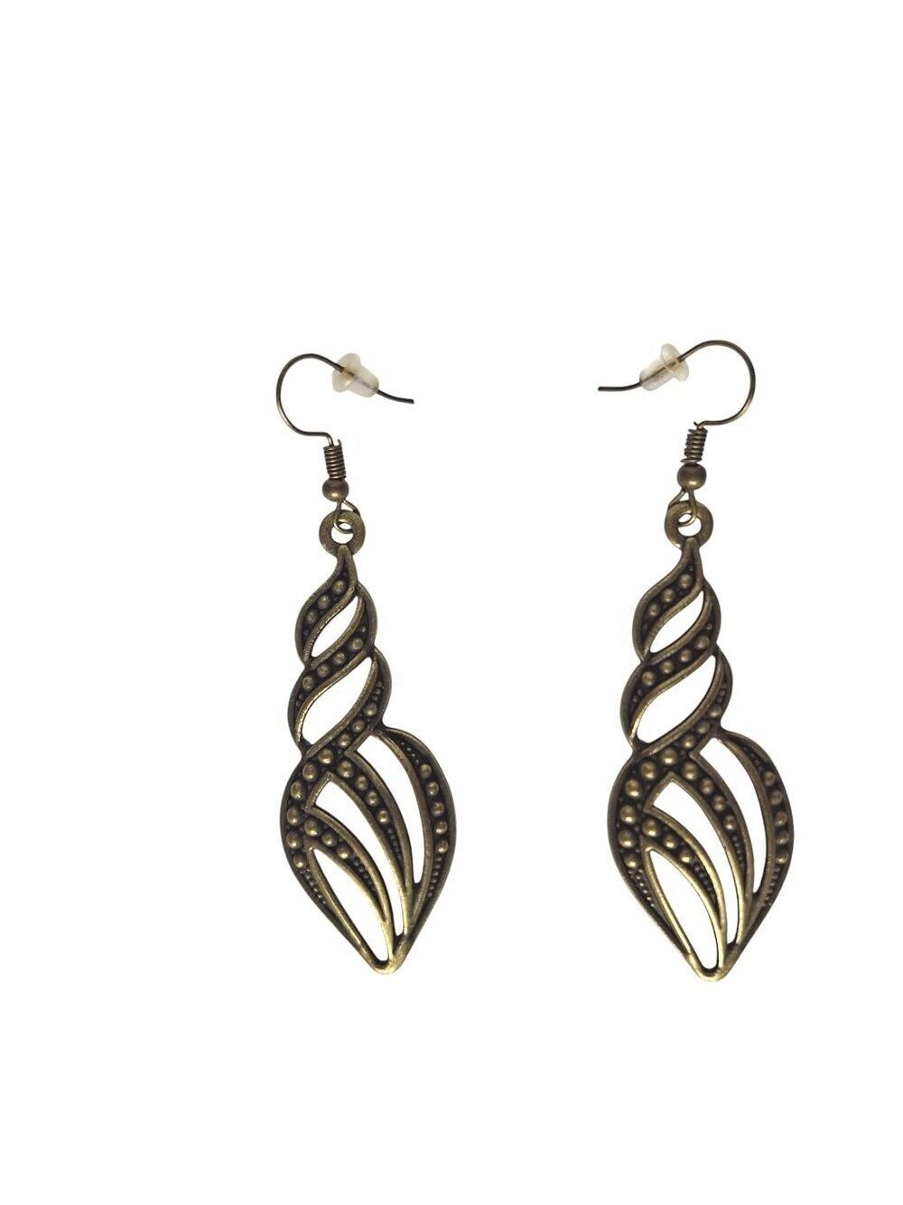 Vintage Bronze Dangle Earrings Boho Swirl Leaf Design